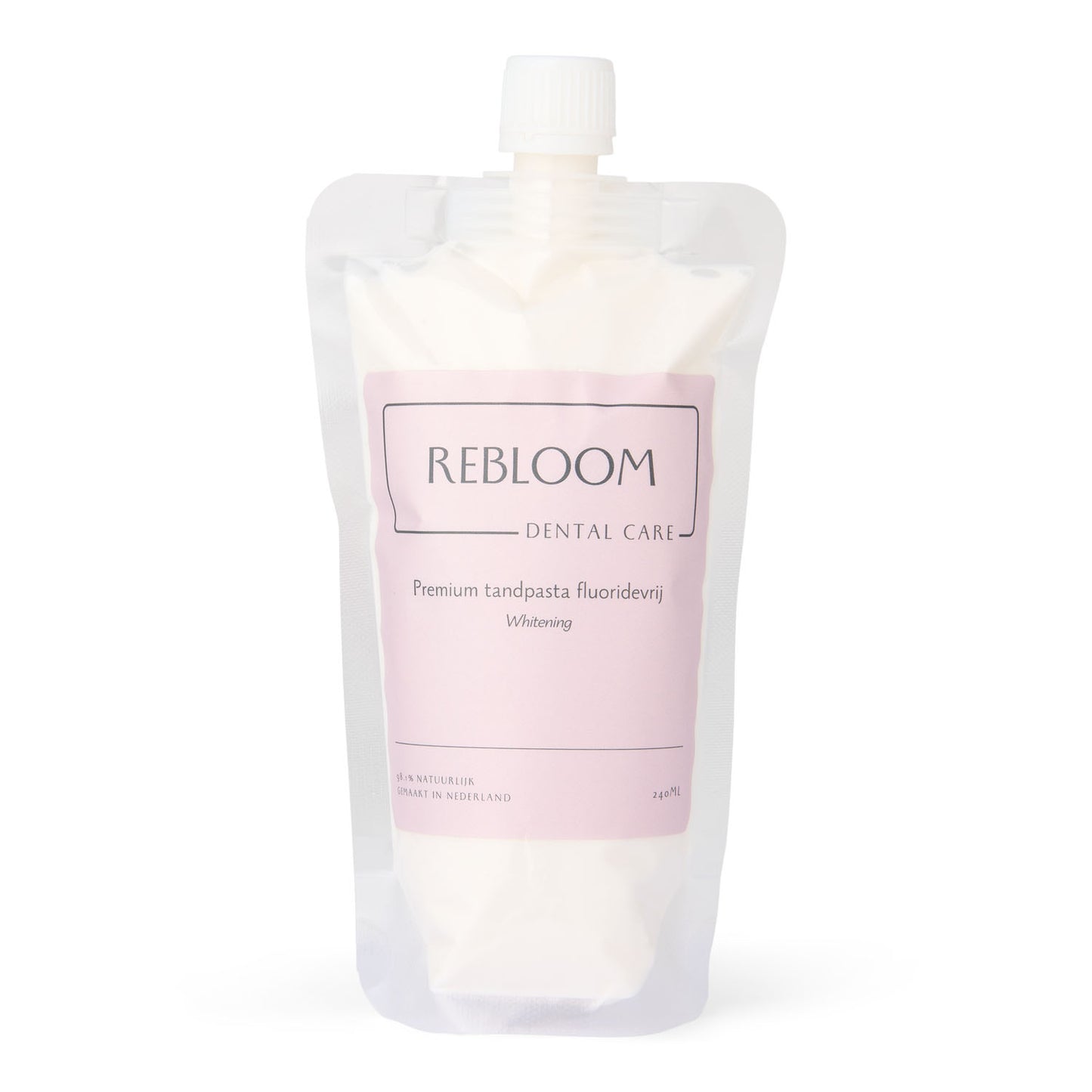Zak met lichtroze etiket 'rebloom care' premium tandpasta