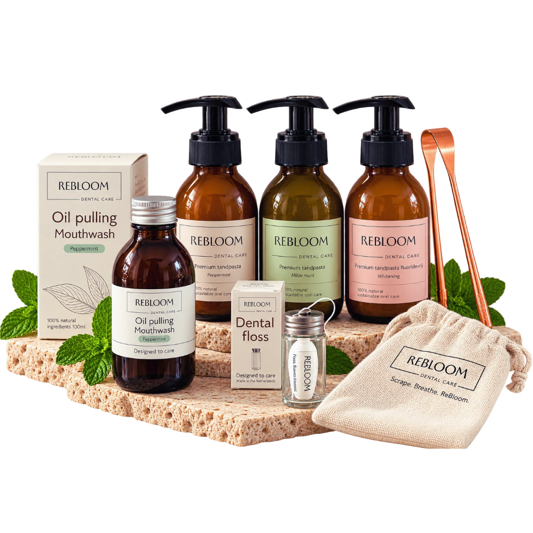mondverzorgingsset aanbevolen door biologische tandarts met fluoridevrije tandpasta in flesje en refill, oil pulling, flos en koperen tongschraper
