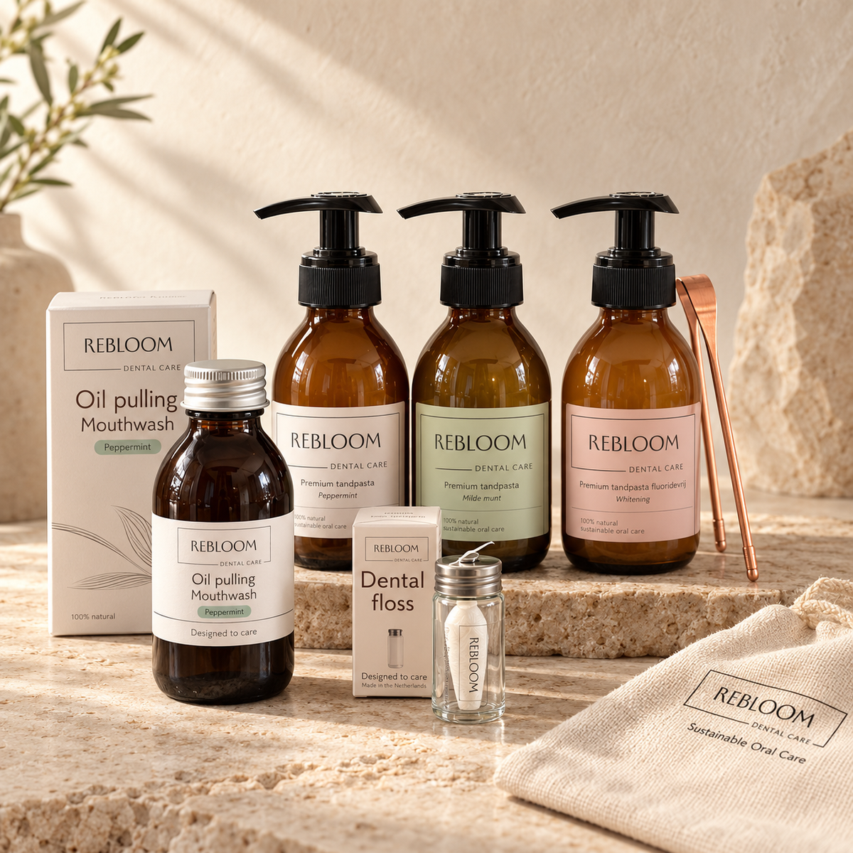 3 formules tandpasta, flos, koperen tongschraper en oil pulling
