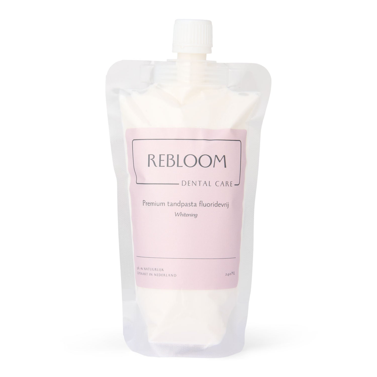 Zak met lichtroze etiket 'rebloom care' premium tandpasta
