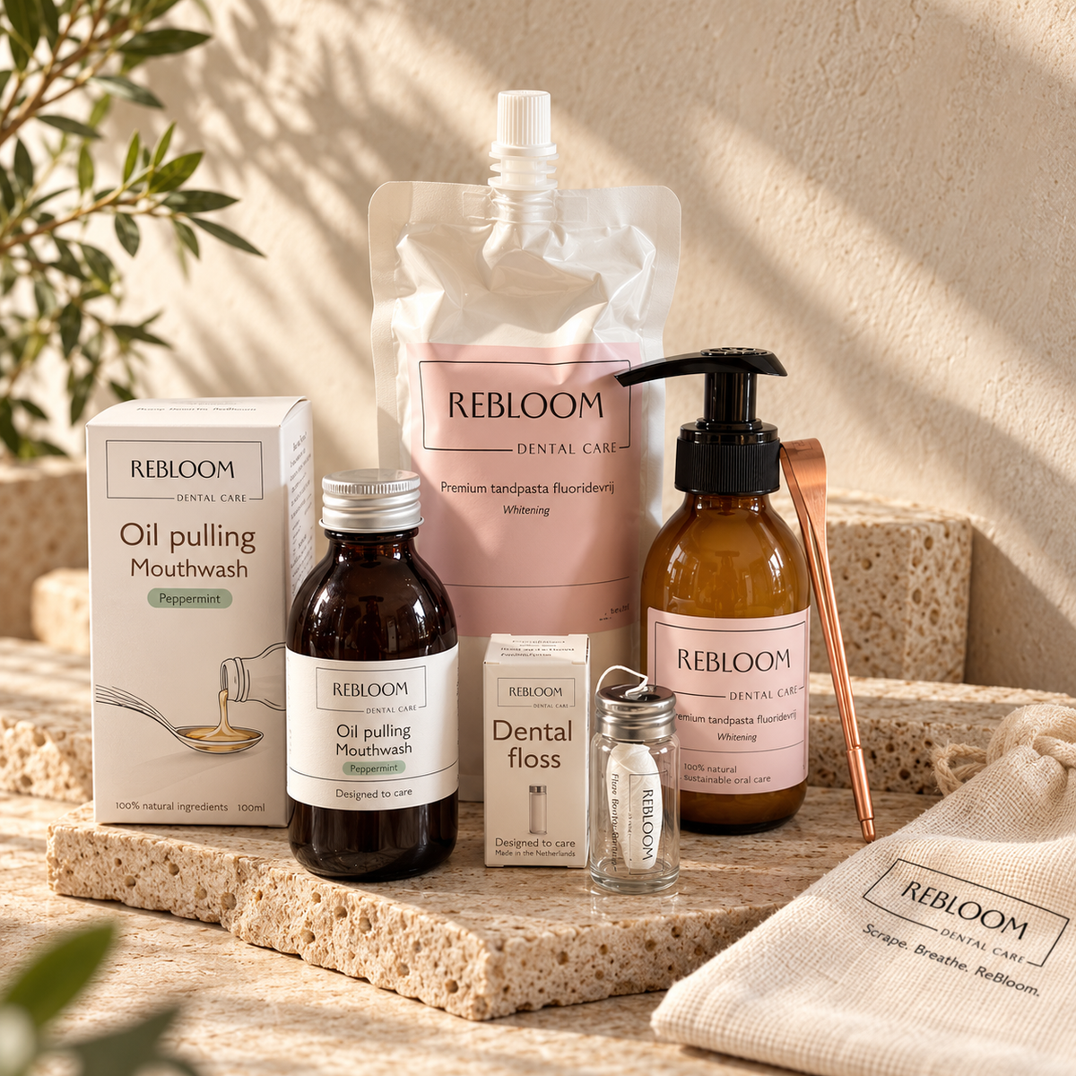 Set met tandpasta, oil pulling, floss en koperen tongschraper